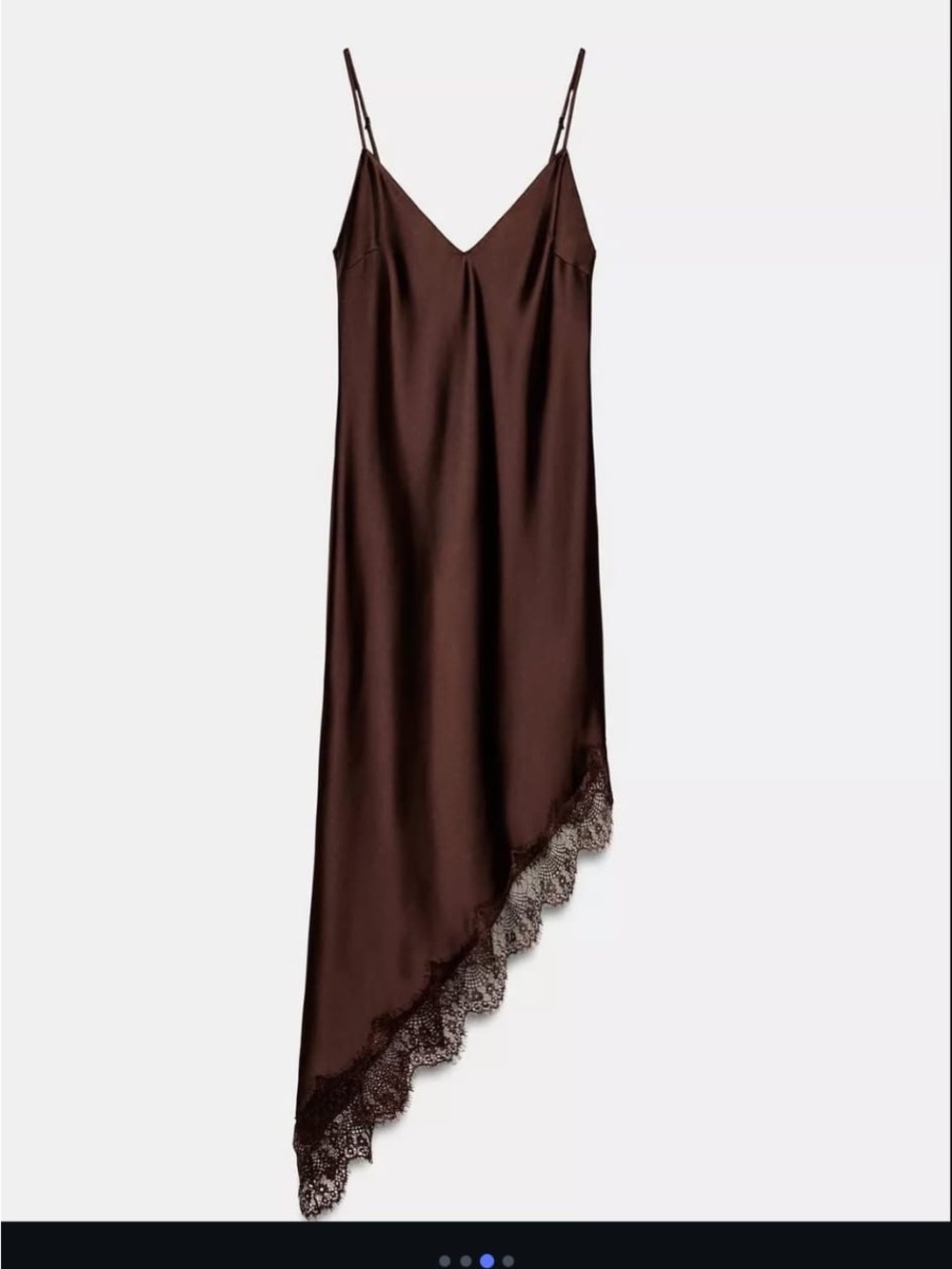 Zara Chocolate Brown Satin Slip Midi Dress with Asymmetric Lace Hem